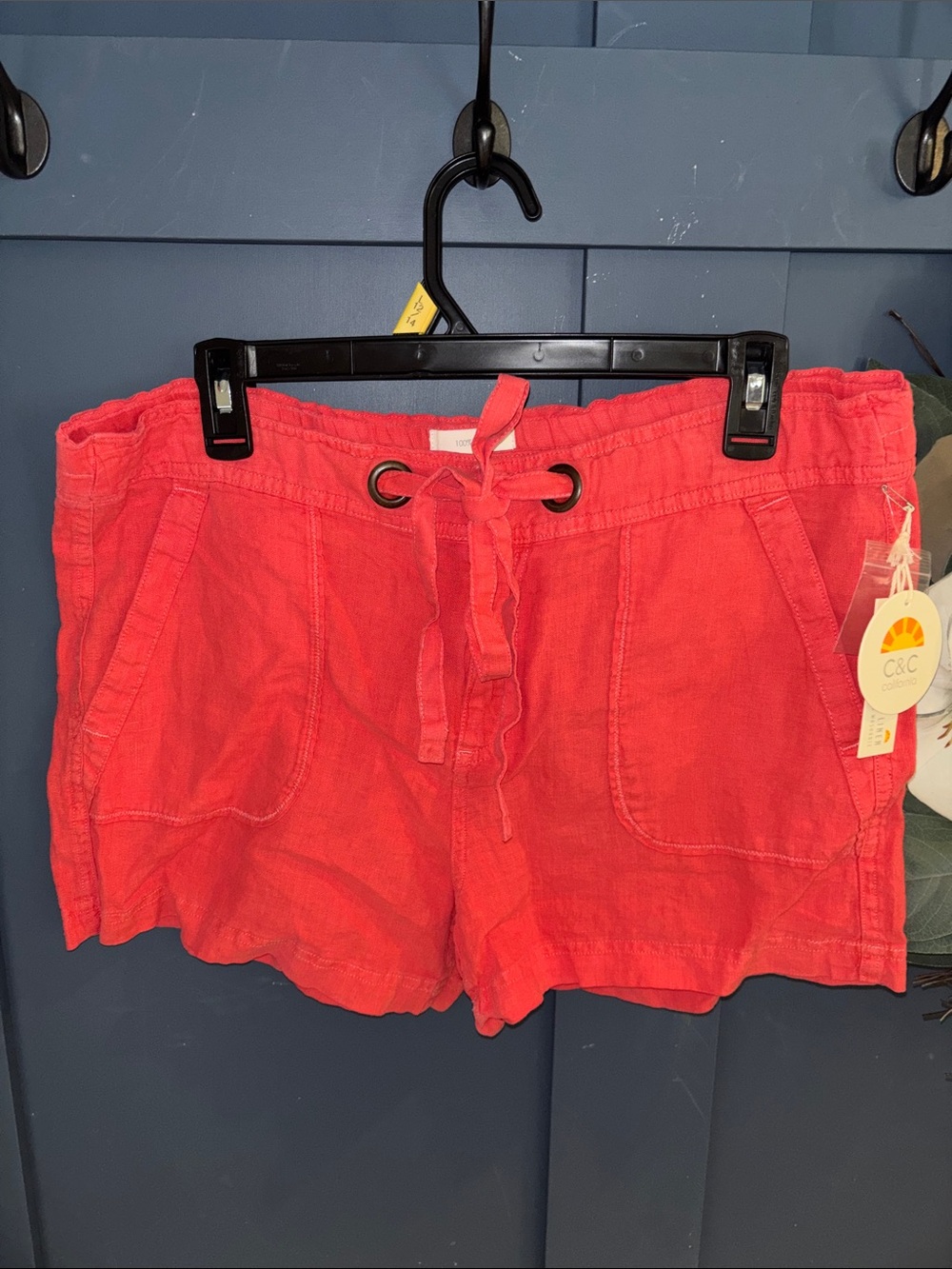 C&C California Women’s Coral Red Drawstring Linen Shorts w/ Pockets NWT❗️